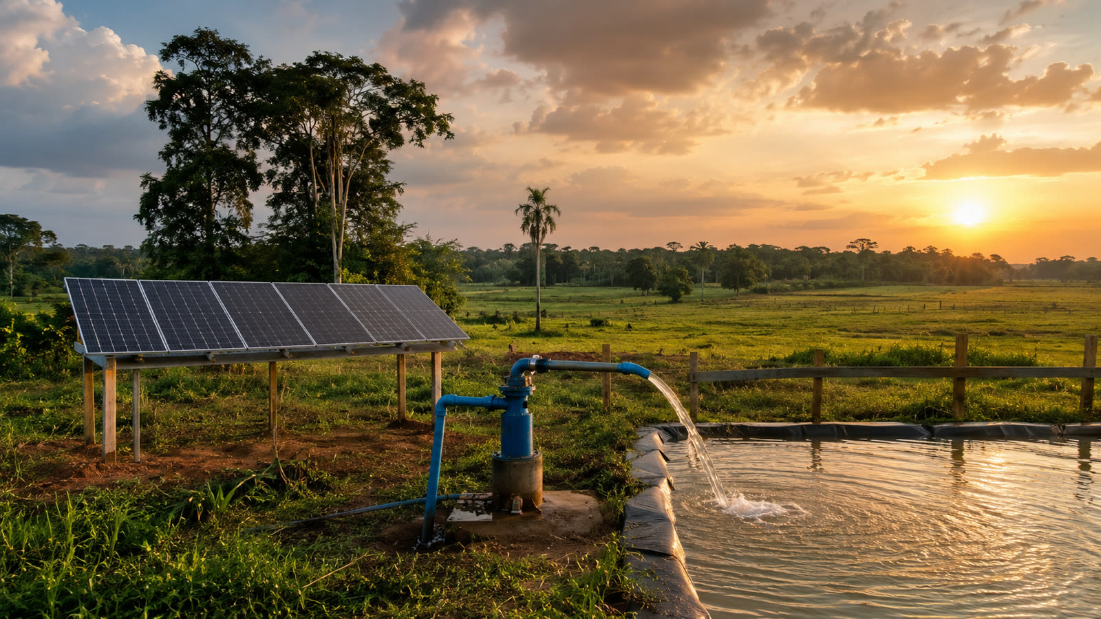 Bomba solar e painéis fotovoltaicos instalados em propriedade rural, ao lado de um reservatório de irrigação